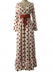 White Polka Dot V Neck Long Sleeve Beach Ruffle Maxi Dress With Belt