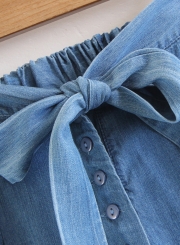 Blue Elastic Waist Bow Tie Wide Leg Bell-Bottom Jeans With Buttons