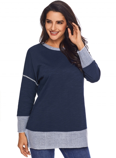 Navy Round Neck Long Sleeve Color Block Loose Long Swweatshirt zecalaba.com