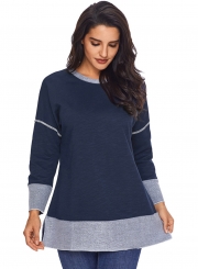 Navy Round Neck Long Sleeve Color Block Loose Long Swweatshirt