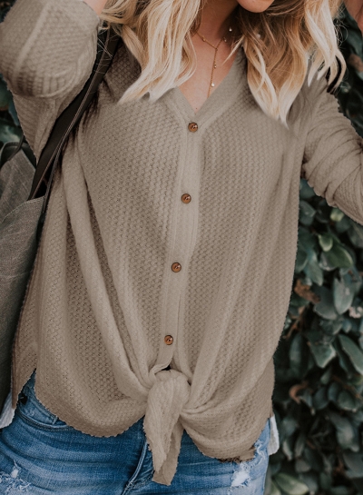 Casual Button Down Front Knot Knit Sweaters Shirt