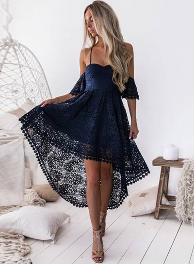 Spaghetti Strap Off Shoulder High Waist Lace Hollow Out High Low Dress zecalaba.com