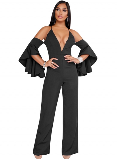 Black Fashion Sexy Solid Flounce Sleeve V Neck Back Zip Wide Leg Jumpsuit YOYOTSHOP.com