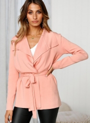 Turn-Down Collar Long Sleeve Solid Color Cardigan Waist Tie Coat