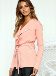 Turn-Down Collar Long Sleeve Solid Color Cardigan Waist Tie Coat