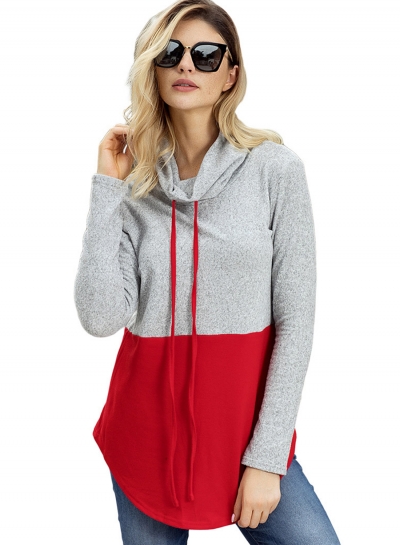 Red High Neck Long Sleeve Color Block Loose Pullover Sweatshirt lonhooker.com