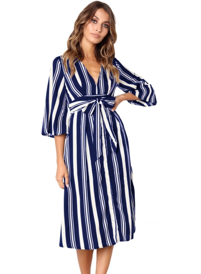 Blue Summer Striped V Neck Half Sleeve High Waist Midi Dress With Belt zecalaba.com