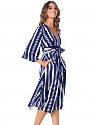 Blue Summer Striped V Neck Half Sleeve High Waist Midi Dress With Belt