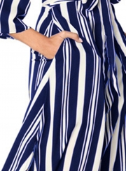 Blue Summer Striped V Neck Half Sleeve High Waist Midi Dress With Belt