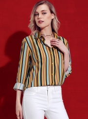 Yellow Striped Long Sleeve Turn-Down Collar Loose Button Down Shirt