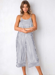 White Striped Spaghetti Strap Round Neck Backless Wide Leg Jumpsuit