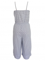 White Striped Spaghetti Strap Round Neck Backless Wide Leg Jumpsuit