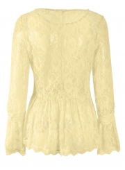 Yellow Sexy Long Sleeve Round Neck Lace Hollow Out Blouse