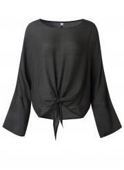 Deep Grey Round Neck Long Sleeve Bow Tie Loose Pullover Blouse