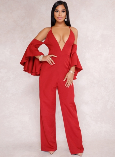 Red Fashion Sexy Solid Flounce Sleeve V Neck Back Zip Wide Leg Jumpsuit zecalaba.com