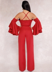 Red Fashion Sexy Solid Flounce Sleeve V Neck Back Zip Wide Leg Jumpsuit