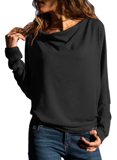 Black Casual Slash Neck Long Sleeve Loose Pullover Sweatshirt zecalaba.com