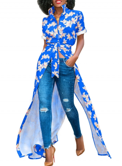 Blue Summer Floral Print Short Sleeve Waist Tie High Slit Maxi Shirt Dress zecalaba.com