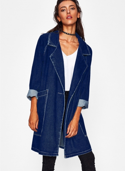 Deep Blue Long Denim Coat  Trench Coat Outwear