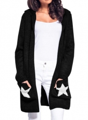 Casual Long Sleeve Star Pattern Open Front Hooded Chunky Cardigan