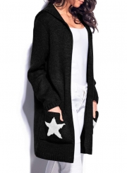 Casual Long Sleeve Star Pattern Open Front Hooded Chunky Cardigan