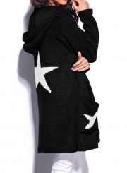 Casual Long Sleeve Star Pattern Open Front Hooded Chunky Cardigan