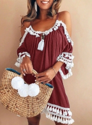 Casual Loose Short Sleeve Strappy Off The Shoulder Mini Dress With Tassel