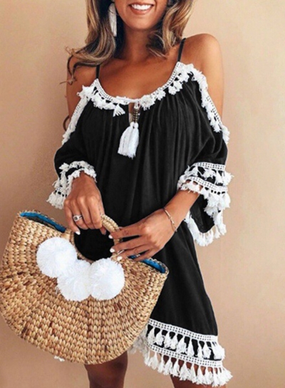 Casual Loose Short Sleeve Strappy Off The Shoulder Mini Dress With Tassel zecalaba.com