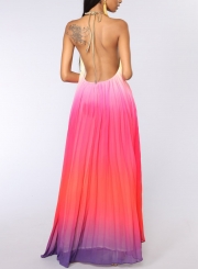 Red Sexy Chiffon Halter Top Sleeveless Backless Dye Loose Maxi Dress