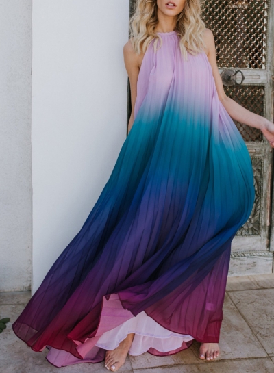 Sexy Chiffon Halter Top Sleeveless Backless Dye Loose Maxi Dress zecalaba.com