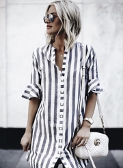 Loose Short Sleeve Striped Printed Shirt Dress