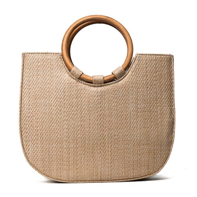 Handle Tote Shoulder Handbag with Wood Ring
