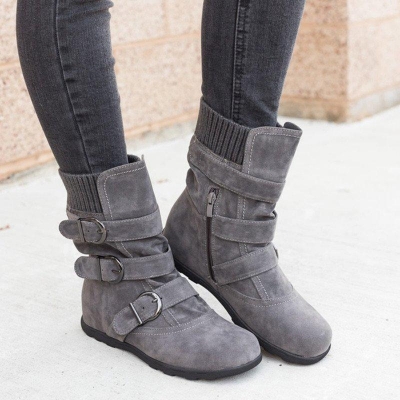 All Season Adjustable Buckle Low Heel Faux Suede Boots zecalaba.com