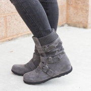 All Season Adjustable Buckle Low Heel Faux Suede Boots