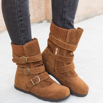 All Season Adjustable Buckle Low Heel Faux Suede Boots zecalaba.com