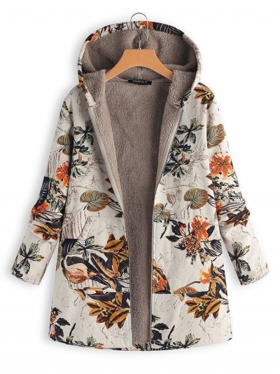 Vintage Leaves Floral Print Hoodie Long Sleeve Coat