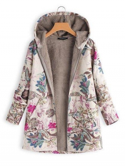 Vintage Leaves Floral Print Hoodie Long Sleeve Coat zecalaba.com