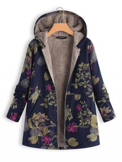 Vintage Leaves Floral Print Hoodie Long Sleeve Coat zecalaba.com