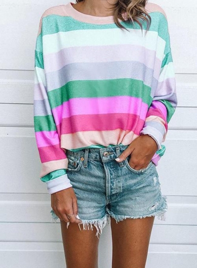 Fashion Rainbow Colourful Striped Casual Tops T-Shirt