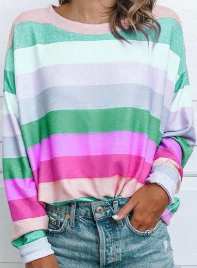 Fashion Rainbow Colourful Striped Casual Tops T-Shirt lonhooker.com