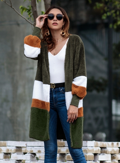 Autumn Winter Mid-length Color Block Cardigan Plush Coat zecalaba.com