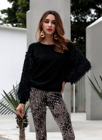 Round Long Sleeve Solid Color Tassel Pullover Sweater zecalaba.com