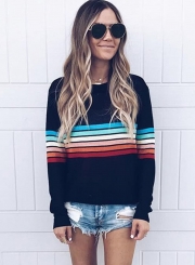 ‘s Casual Top Long Sleeve Rainbow Striped T-shirt