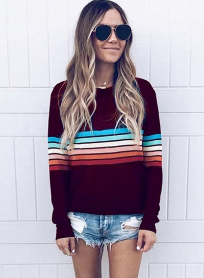 ‘s Casual Top Long Sleeve Rainbow Striped T-shirt zecalaba.com