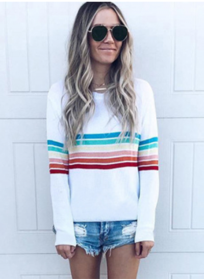 ‘s Casual Top Long Sleeve Rainbow Striped T-shirt zecalaba.com