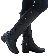 Winter Tall Riding Leather Strappy Flat Boots