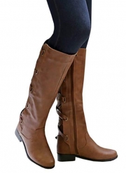 Winter Tall Riding Leather Strappy Flat Boots