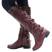 Winter Tall Riding Leather Strappy Flat Boots