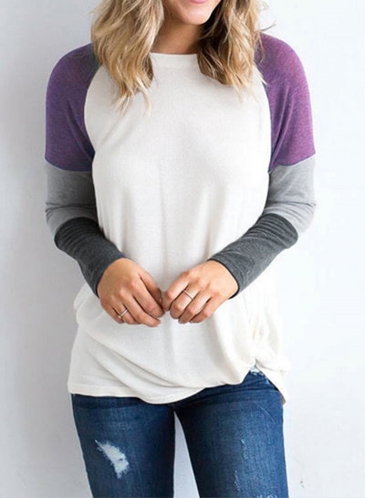 Color Block Long Sleeve Loose Fit Pullover Shirts Tops zecalaba.com