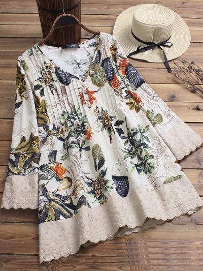 Floral Printed V-neck Long Sleeve Shirt